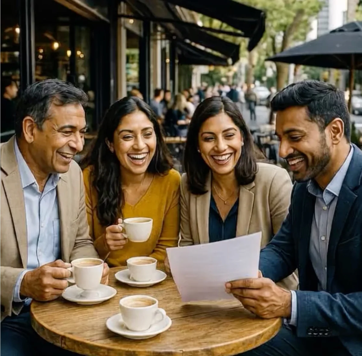 Consultants discussing a document together at a cafe